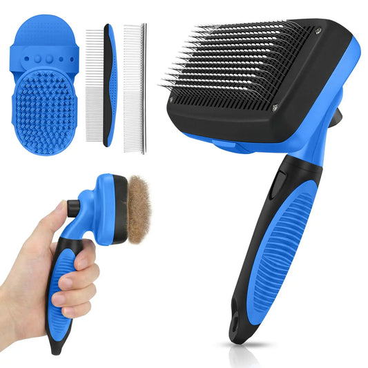 5-in-1 Self-Cleaning Pet Grooming Kit – Deshedding Brush for Dogs & Cats, Gentle on Skin, Easy Fur Removal (Blue)