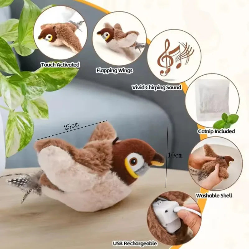 Interactive Chirping Flapping Bird Cat Toy – Rechargeable Touch-Activated Plush Pet Toy for Cats & Dogs