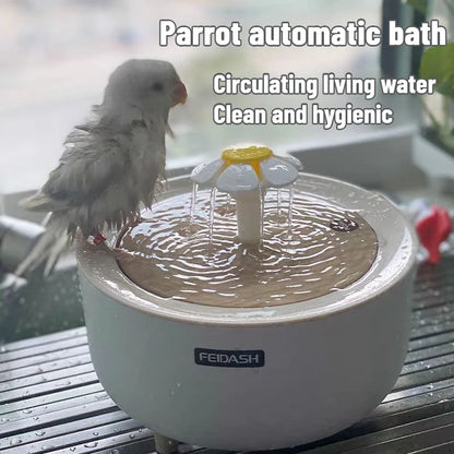 2-in-1 Automatic Parrot Bath & Water Fountain – USB-Powered Circulating Bath with Drip-Free Design for Birds & Small Pets