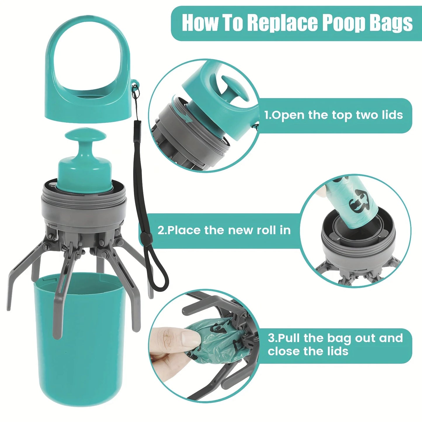 5pcs Portable Dog Poop Scooper with Bag Dispenser - Durable Plastic, Teal, Claw Design for Efficient Waste Pickup, Includes Leak-Proof Bags, Ideal for Outdoor Use