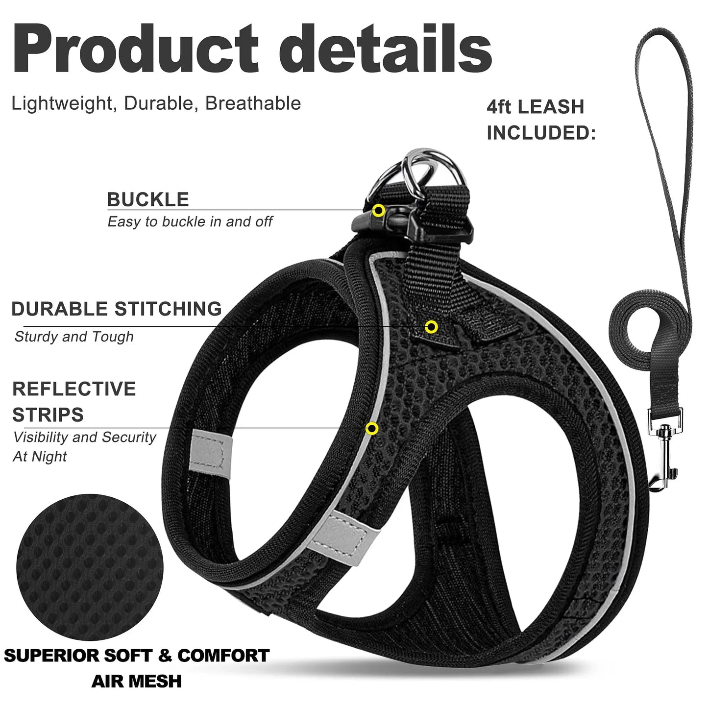 Breathable Mesh Pet Harness and Leash Set – Adjustable Reflective Vest for Dogs & Cats