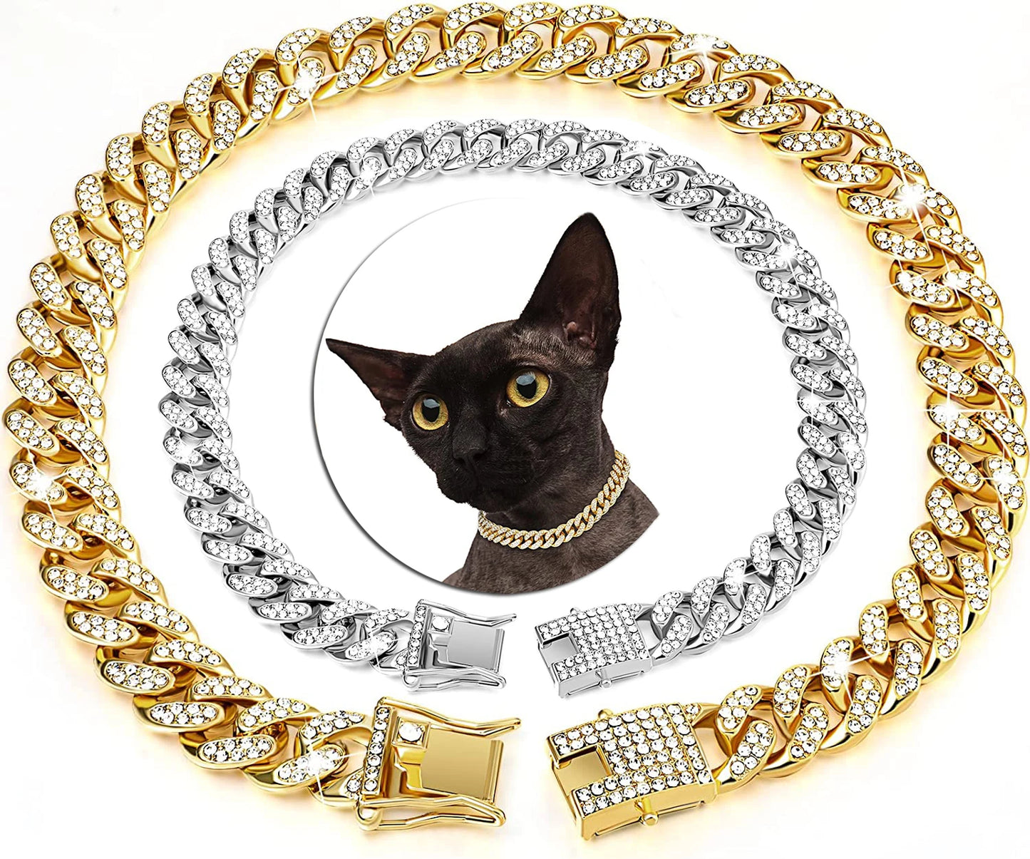Luxury Gold And Silver Cuban Link Cat Collar Necklace – Crystal Rhinestone Pet Jewelry for Cats & Kittens