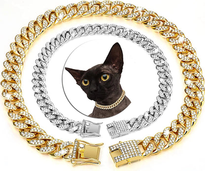 Luxury Gold And Silver Cuban Link Cat Collar Necklace – Crystal Rhinestone Pet Jewelry for Cats & Kittens