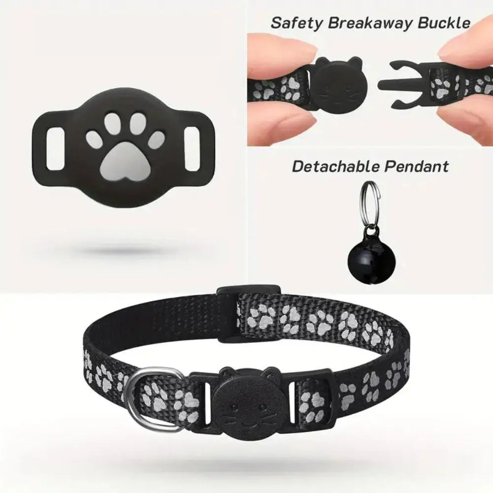 Anti-Lost Cat Collar – Adjustable Nylon AirTag Holder with Secure AirTag Slot, Removable Bell & Paw Print Design for Cats & Kittens