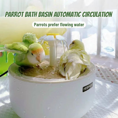 2-in-1 Automatic Parrot Bath & Water Fountain – USB-Powered Circulating Bath with Drip-Free Design for Birds & Small Pets