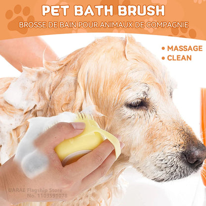 Dog Bathing Brush with Shampoo Dispenser – Soft Silicone Massage Grooming Brush for Dogs & Cats