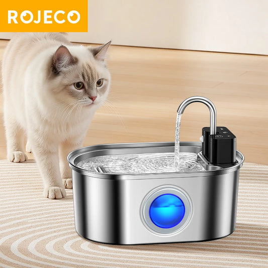ROJECO 3.2L Stainless Steel Pet Water Fountain – Wireless Sensor Smart Automatic Pet Water Dispenser with 4000mAh Rechargeable Battery