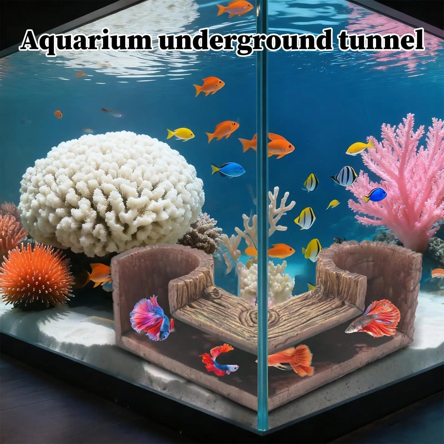 Wood Grain Aquarium Tunnel Cave – Two-Hole Fish Tank Corner Hideout & Shelter Decoration for Fish, Shrimp & Aquatic Pets