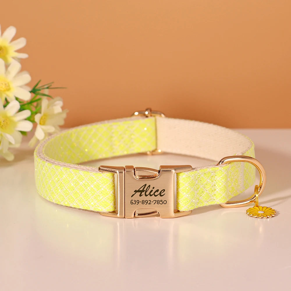 Personalized Nylon Pet Collar – Engraved ID Tag and Flower Accessory for Dogs & Cats