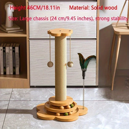 Solid Wood Cat Scratching Post with Turntable & Teaser Stick – Durable Interactive Cat Toy for Cats
