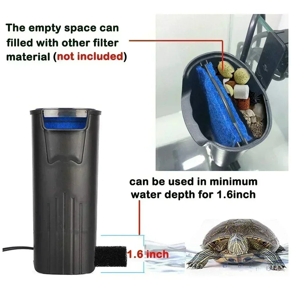 Silent Turtle Tank Filter – Low Water Level Built-In Waterfall Filter & Multi-Function Aquarium Cleaning Pump for Fish & Turtle Tanks