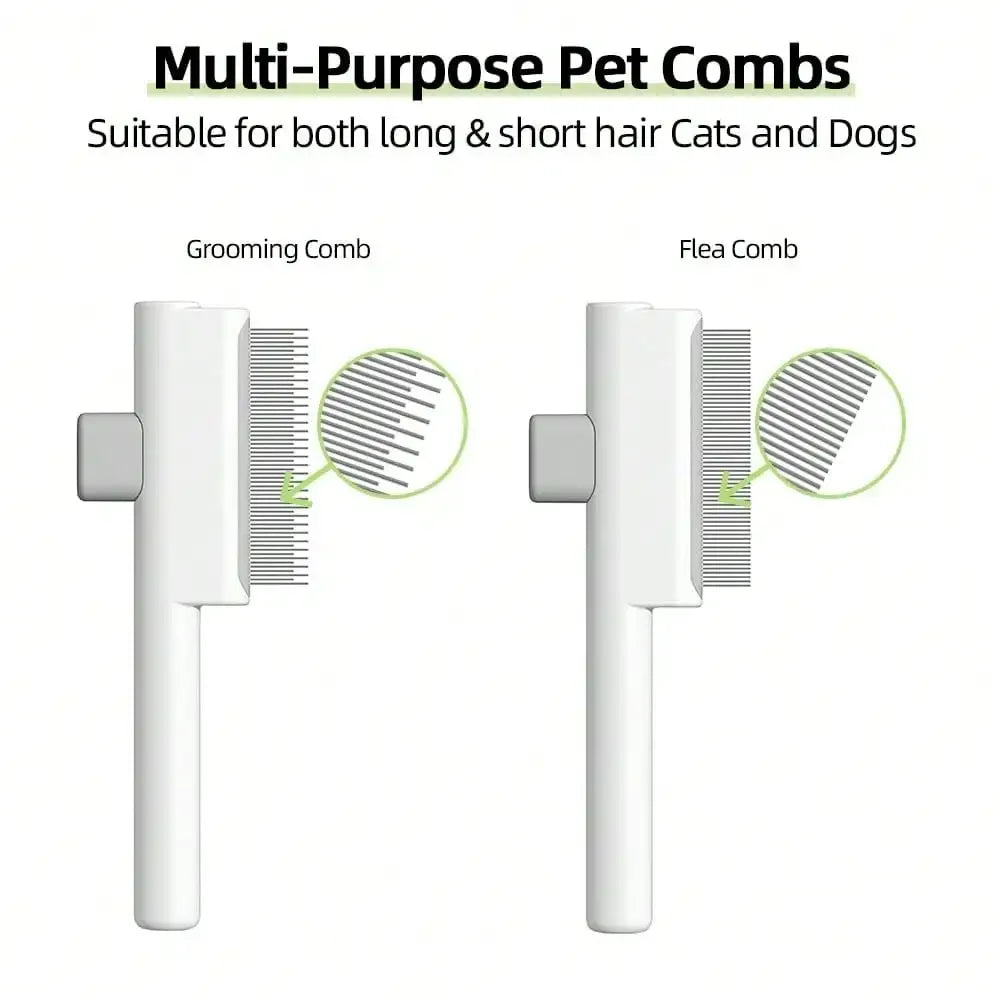 2Pcs Pet Comb Flea Comb Set For Cats Dogs, Cat Grooming Brush With Release Button And Stainless Steel Round Teeth, Self-Cleaning Dog Combs For Removing Pet Hair, Knots & Loose Fur (White)