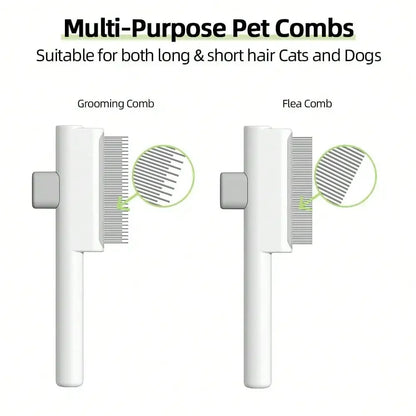 2Pcs Pet Comb Flea Comb Set For Cats Dogs, Cat Grooming Brush With Release Button And Stainless Steel Round Teeth, Self-Cleaning Dog Combs For Removing Pet Hair, Knots & Loose Fur (White)