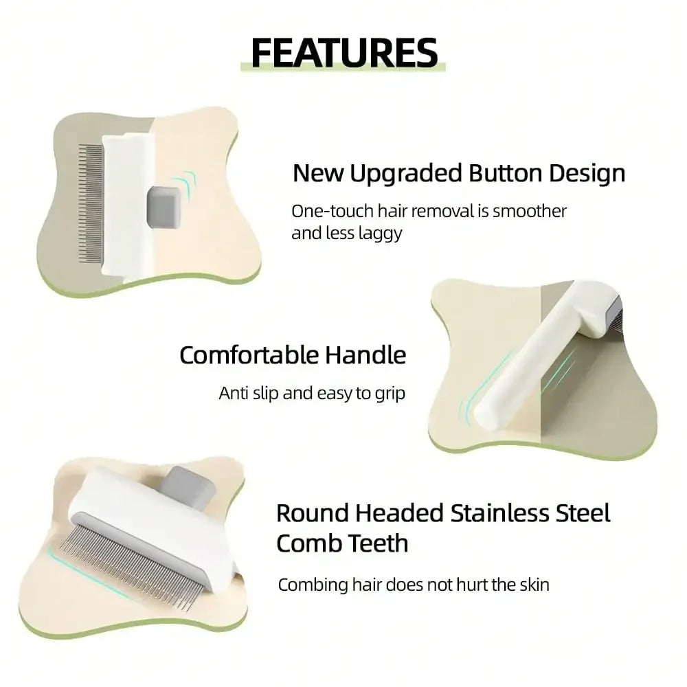 2Pcs Pet Comb Flea Comb Set For Cats Dogs, Cat Grooming Brush With Release Button And Stainless Steel Round Teeth, Self-Cleaning Dog Combs For Removing Pet Hair, Knots & Loose Fur (White)