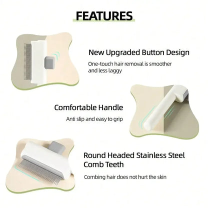 2Pcs Pet Comb Flea Comb Set For Cats Dogs, Cat Grooming Brush With Release Button And Stainless Steel Round Teeth, Self-Cleaning Dog Combs For Removing Pet Hair, Knots & Loose Fur (White)