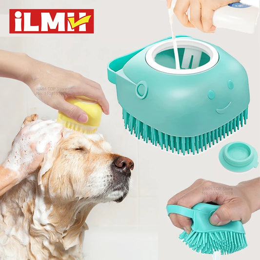 Dog Bathing Brush with Shampoo Dispenser – Soft Silicone Massage Grooming Brush for Dogs & Cats