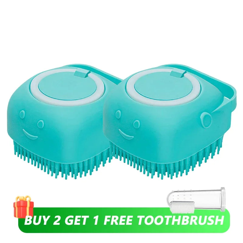 Dog Bathing Brush with Shampoo Dispenser – Soft Silicone Massage Grooming Brush for Dogs & Cats