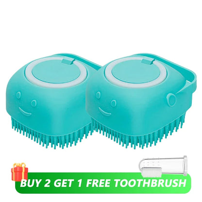 Dog Bathing Brush with Shampoo Dispenser – Soft Silicone Massage Grooming Brush for Dogs & Cats