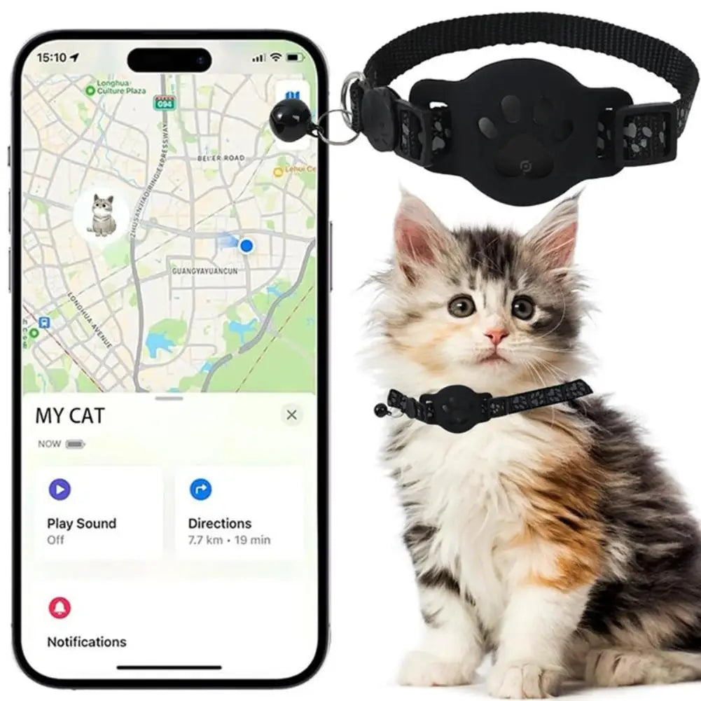 Anti-Lost Cat Collar – Adjustable Nylon AirTag Holder with Secure AirTag Slot, Removable Bell & Paw Print Design for Cats & Kittens