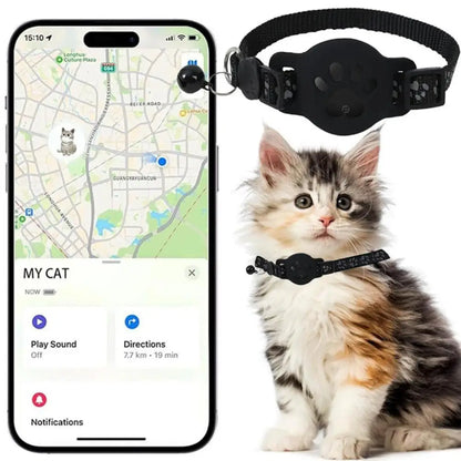 Anti-Lost Cat Collar – Adjustable Nylon AirTag Holder with Secure AirTag Slot, Removable Bell & Paw Print Design for Cats & Kittens