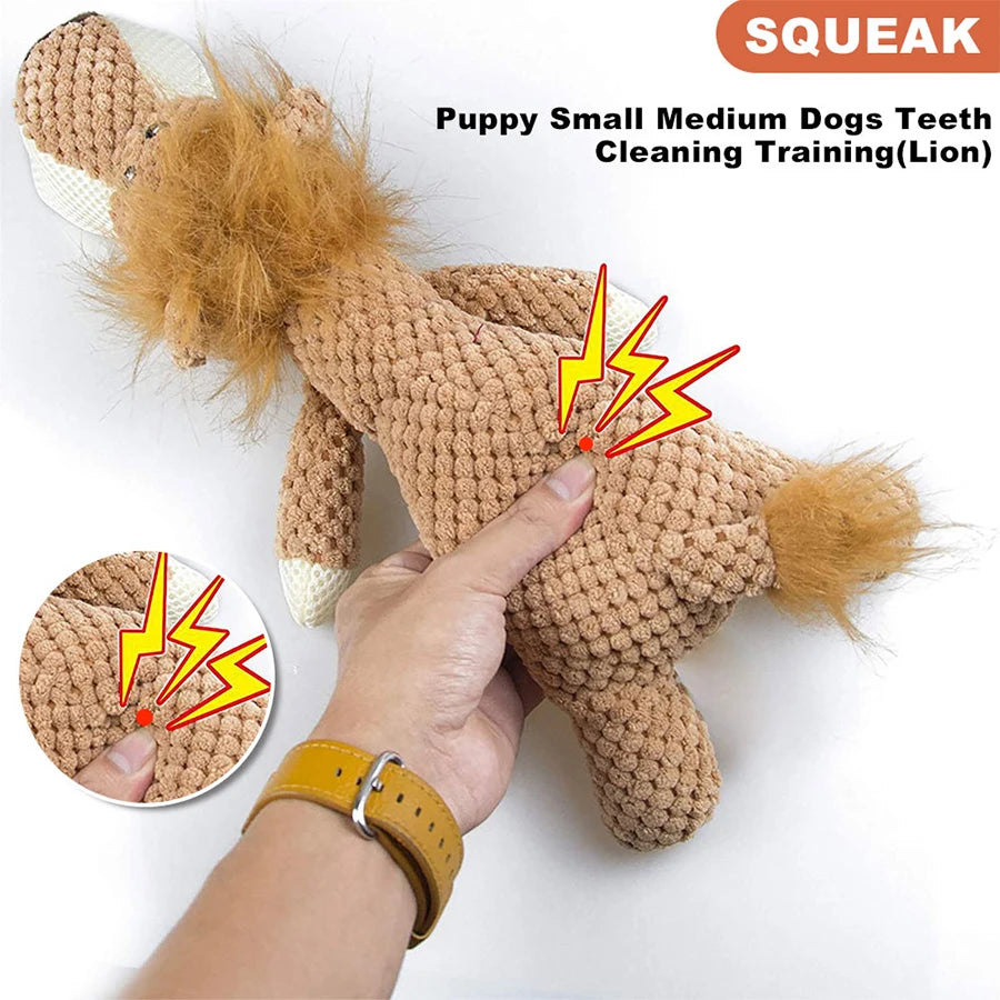 Bite-Resistant Plush Dog Toy – Squeaky Lion, Wolf & Elephant Pet Toy for Small & Medium Dogs