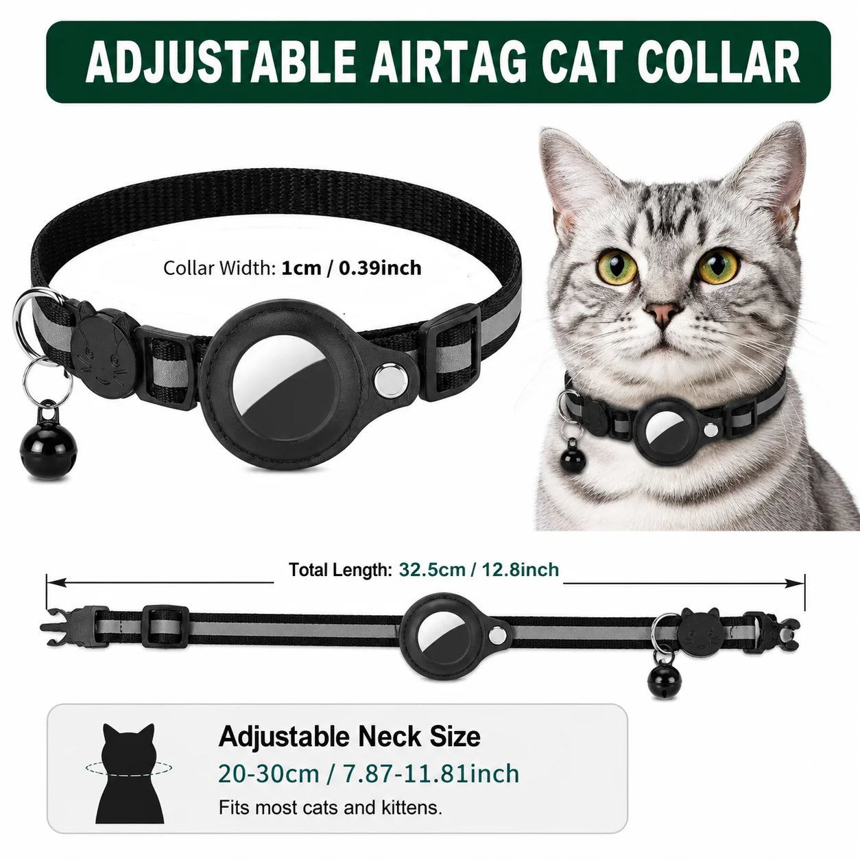 Cat AirTag Holder Collar – Breakaway Reflective Adjustable Kitten Collar with Waterproof AirTag Case & Safety Bell