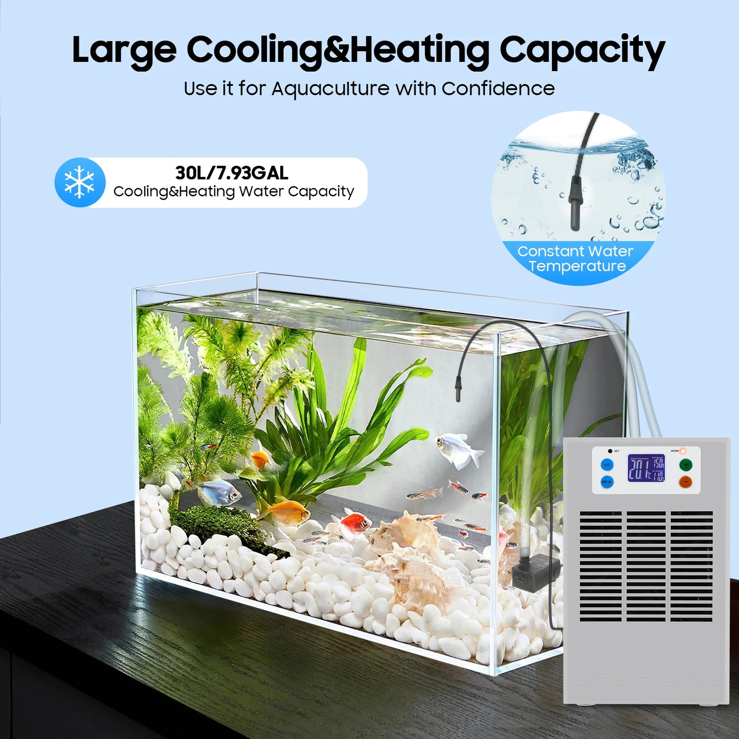 100W Aquarium Heater & Cooling Machine – LED Display Temperature Controller with 10-40°C Adjustment for 30L Fish Tanks