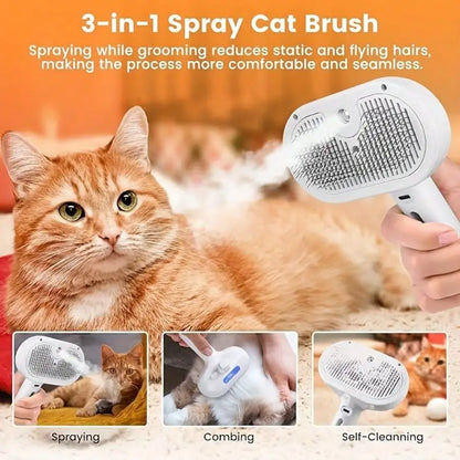 3-in-1 Self-Cleaning Pet Grooming Brush with Mist Function – Rechargeable Anti-Static Slicker Brush for Dogs & Cats, Fur Removal, Detangling & Massage