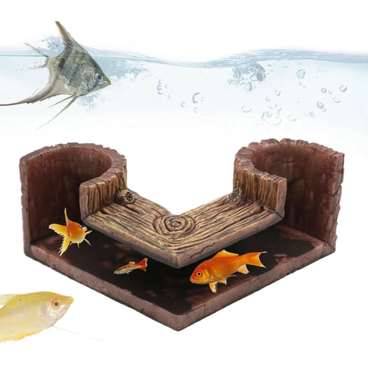 Wood Grain Aquarium Tunnel Cave – Two-Hole Fish Tank Corner Hideout & Shelter Decoration for Fish, Shrimp & Aquatic Pets