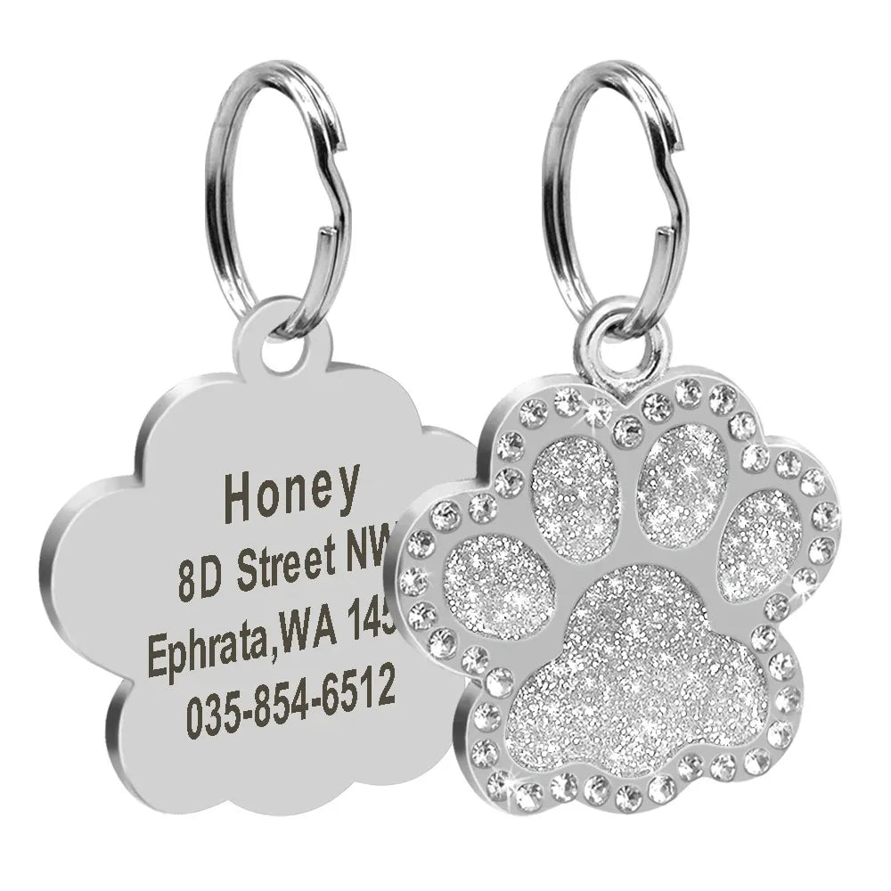 Custom Engraved Paw Print Pet ID Tag – Bling Name Tag for Dogs, Cats & Kittens