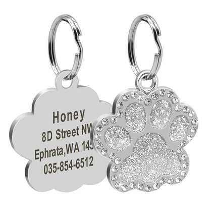 Custom Engraved Paw Print Pet ID Tag – Bling Name Tag for Dogs, Cats & Kittens