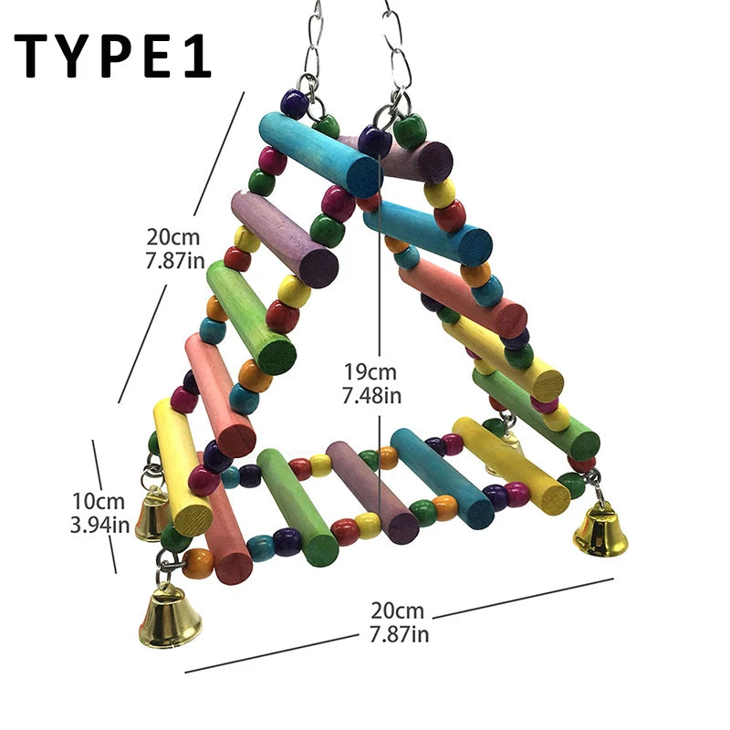 Wooden Parrot Hanging Rainbow Hammock Ladder – Climbing Training Toy with Bells for Large & Small Birds