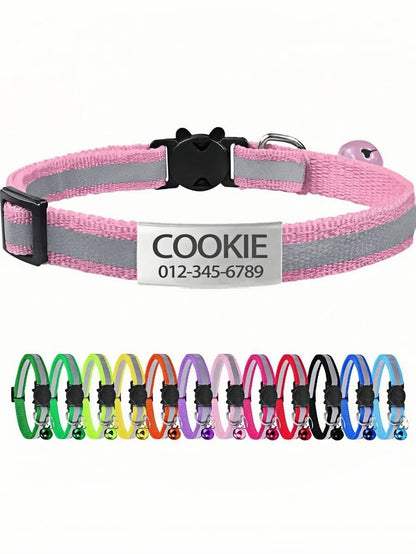 13 Colors Custom Engraved Reflective Cat Collar with Safety Buckle & Bell, Adjustable Personalized Pet Collar for Small Cats