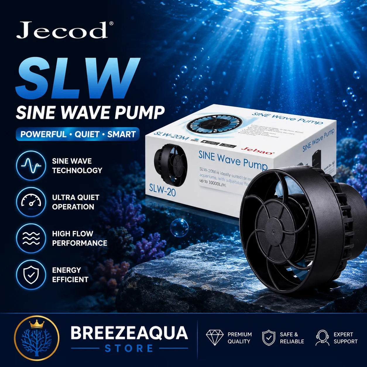 Jebao Jecod SLW Series Aquarium Wavemaker Pump – Manual Control SINE Wave Water Circulation Pump for Freshwater & Saltwater Fish Tanks