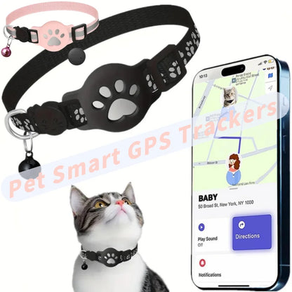 Anti-Lost Cat Collar – Adjustable Nylon AirTag Holder with Secure AirTag Slot, Removable Bell & Paw Print Design for Cats & Kittens
