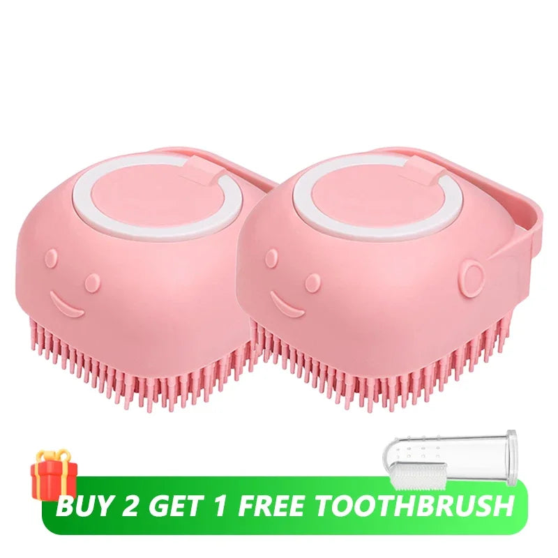 Dog Bathing Brush with Shampoo Dispenser – Soft Silicone Massage Grooming Brush for Dogs & Cats