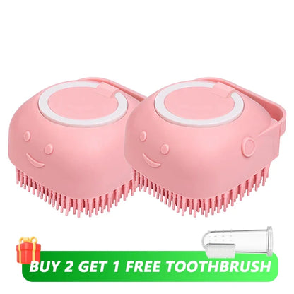 Dog Bathing Brush with Shampoo Dispenser – Soft Silicone Massage Grooming Brush for Dogs & Cats