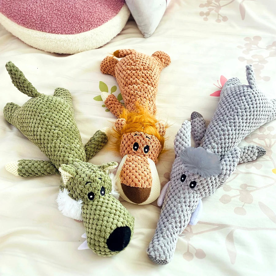 Bite-Resistant Plush Dog Toy – Squeaky Lion, Wolf & Elephant Pet Toy for Small & Medium Dogs