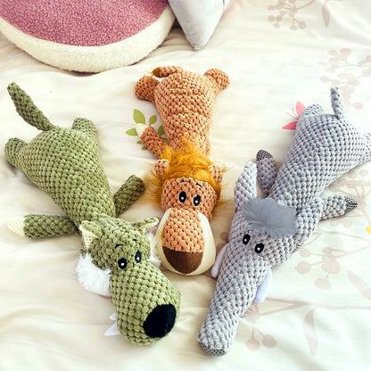 Bite-Resistant Plush Dog Toy – Squeaky Lion, Wolf & Elephant Pet Toy for Small & Medium Dogs