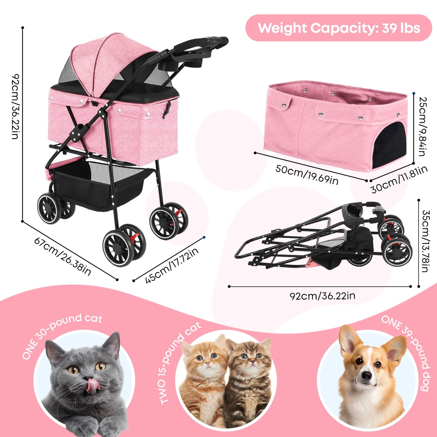 Foldable Pet Stroller – Portable Travel Stroller for Small Dogs, Puppies & Cats