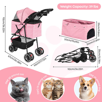 Foldable Pet Stroller – Portable Travel Stroller for Small Dogs, Puppies & Cats