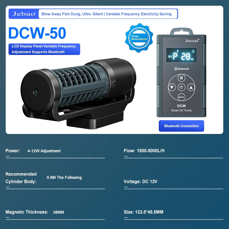 Jebao Jecod DCW Series Bluetooth Cross-Flow Aquarium Pump – App-Controlled DC Water Circulation Pump for Marine & Freshwater Fish Tanks
