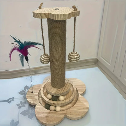 Solid Wood Cat Scratching Post with Turntable & Teaser Stick – Durable Interactive Cat Toy for Cats