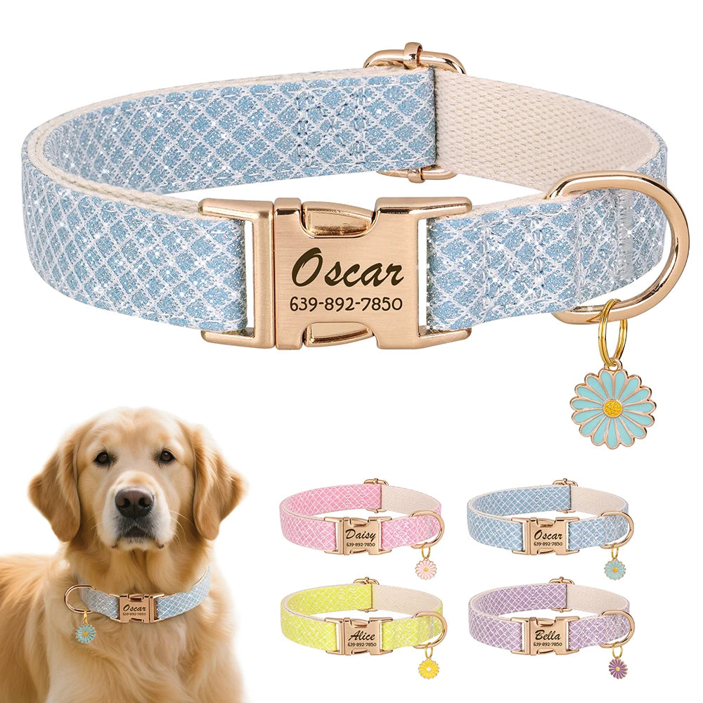 Personalized Nylon Pet Collar – Engraved ID Tag and Flower Accessory for Dogs & Cats