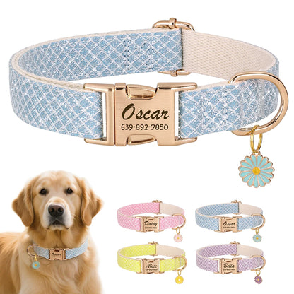 Personalized Nylon Pet Collar – Engraved ID Tag and Flower Accessory for Dogs & Cats