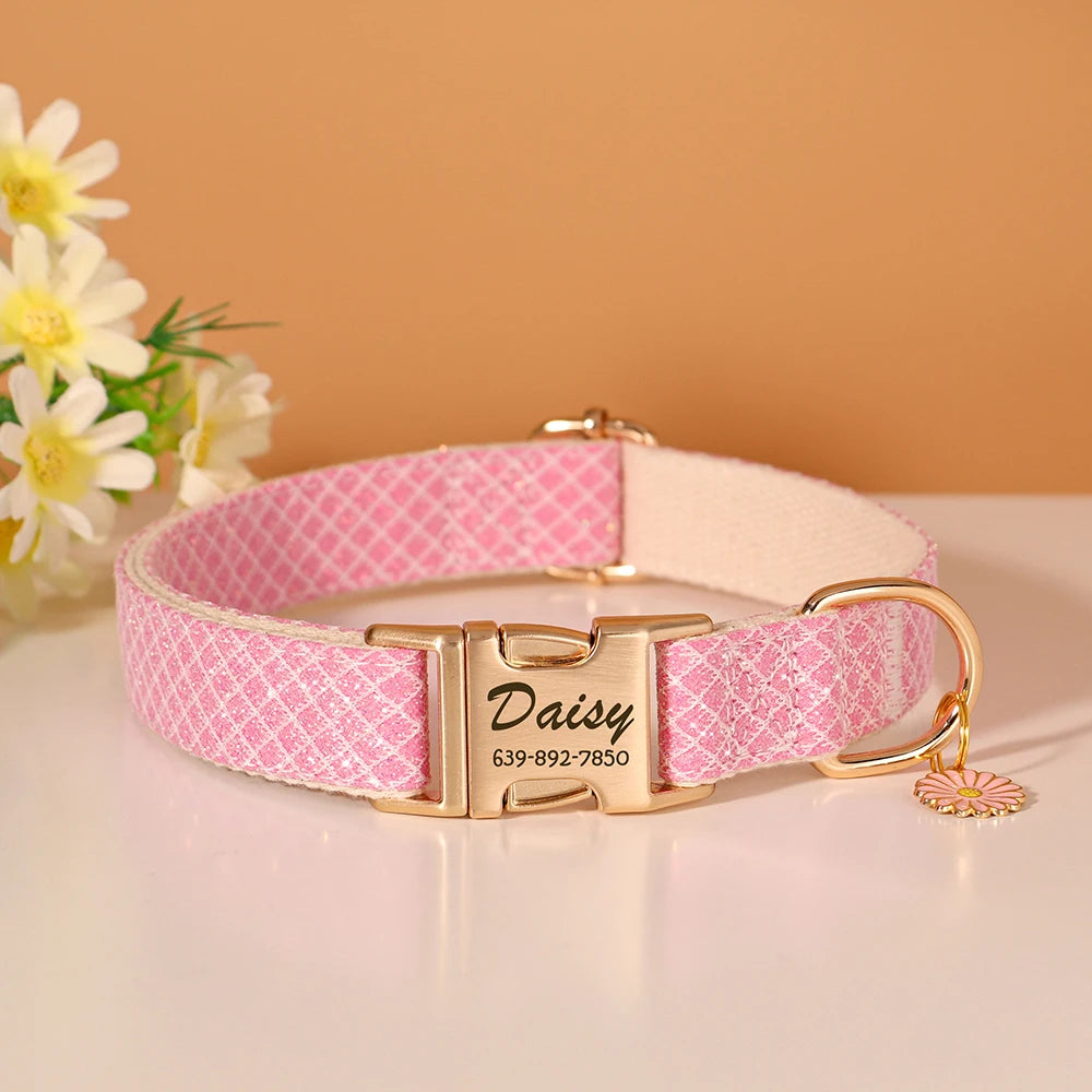 Personalized Nylon Pet Collar – Engraved ID Tag and Flower Accessory for Dogs & Cats