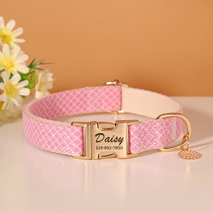 Personalized Nylon Pet Collar – Engraved ID Tag and Flower Accessory for Dogs & Cats
