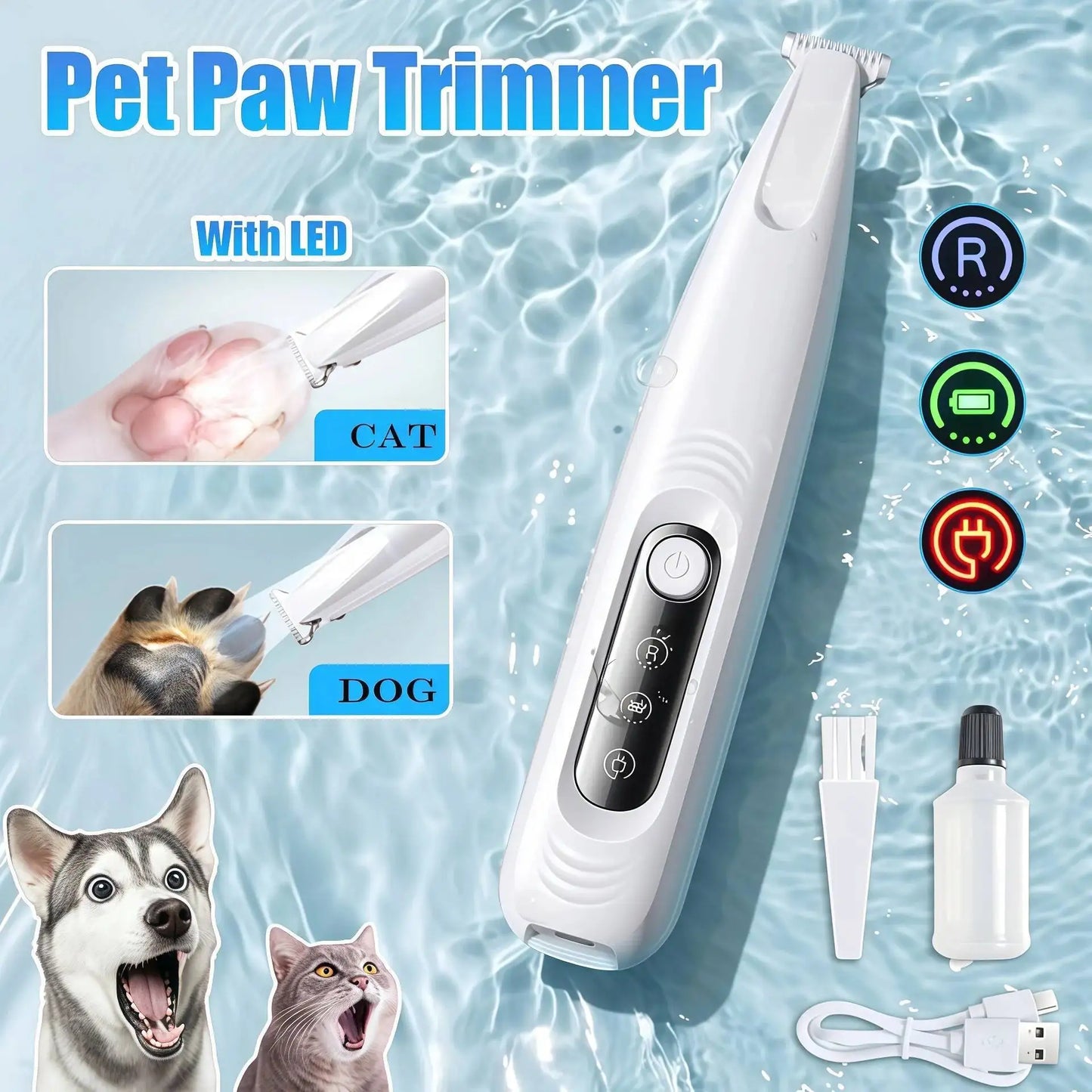 Dog and Cat Paw Trimmer with LED Light – Waterproof Pet Grooming Clipper with Digital Display & 18mm Wide Blade