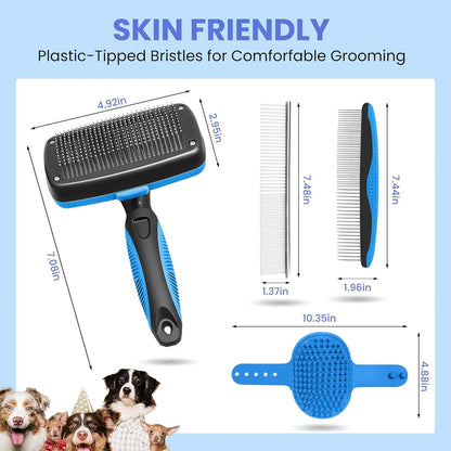 5-in-1 Self-Cleaning Pet Grooming Kit – Deshedding Brush for Dogs & Cats, Gentle on Skin, Easy Fur Removal (Blue)